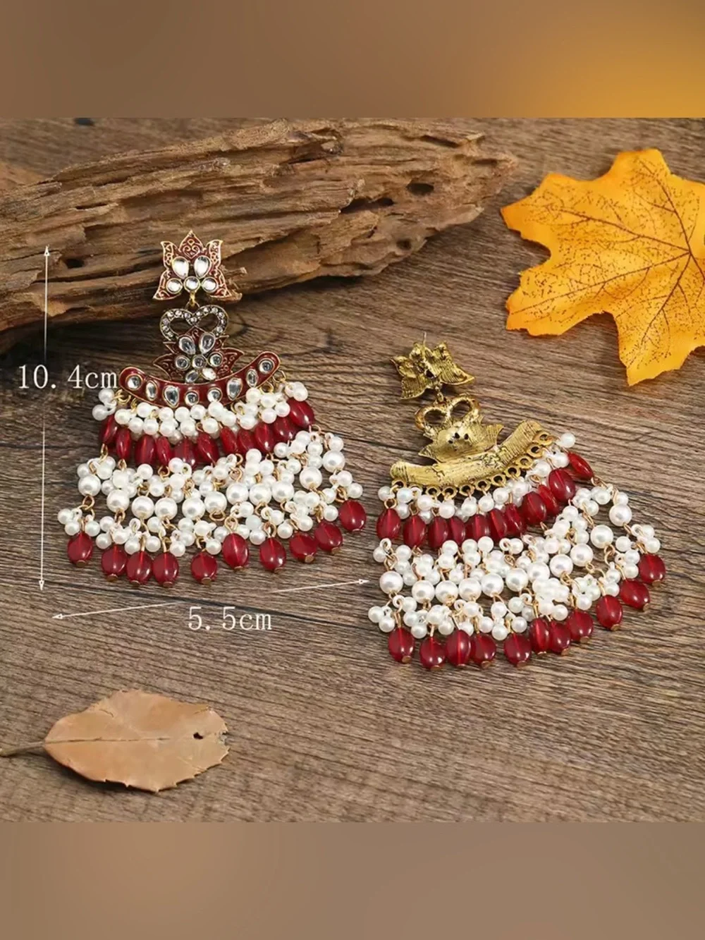Red and White Kundan Pearl Chandelier beaded tassels Earrings
